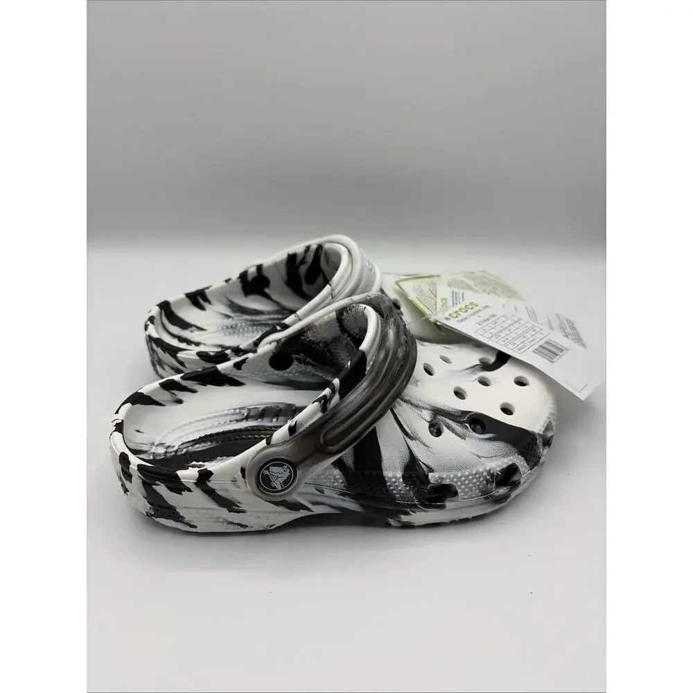 Crocs Classic Marbled Clog Kids Tie-Dye Black/White Slip-On Shoes Sizes J2